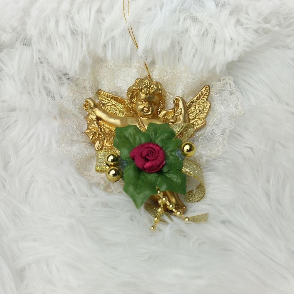 Vintage Lace Gold Cherub Christmas Ornament DIY Holiday Brooch